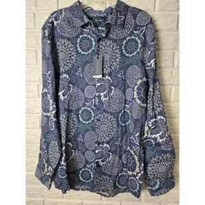 Perry Ellis Shirt Mens XLT Tall Blue Linen Floral Button Up Untucked NWT